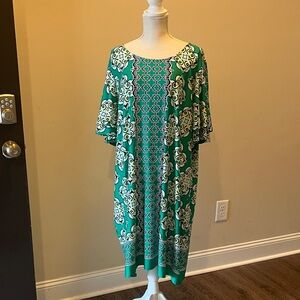 Kim Rogers Green Patterned Midi Dress with White Accents